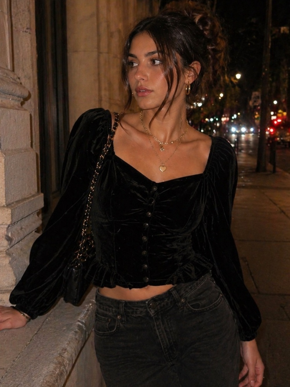 Altar’d State Black Velvet Corset Top Balloon Sleeve Romantic Blouse M NWT